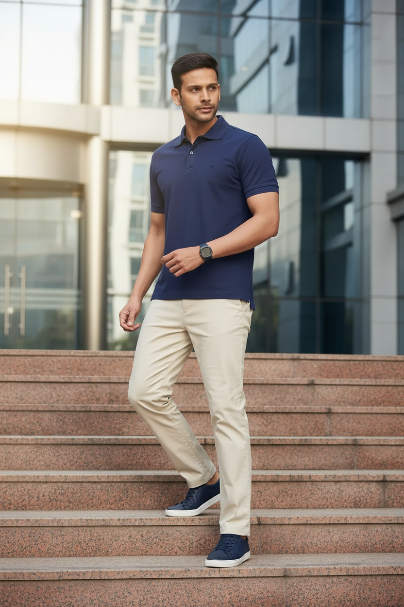 Men’s Navy Blue Solid Polo T-Shirt – Casual Regular Fit, Half Sleeves, Everyday Wear