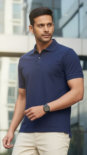 Men’s Navy Blue Solid Polo T-Shirt – Casual Regular Fit, Half Sleeves, Everyday Wear