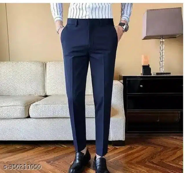 Men's Navy Blue Blended Cotton Formal Trousers