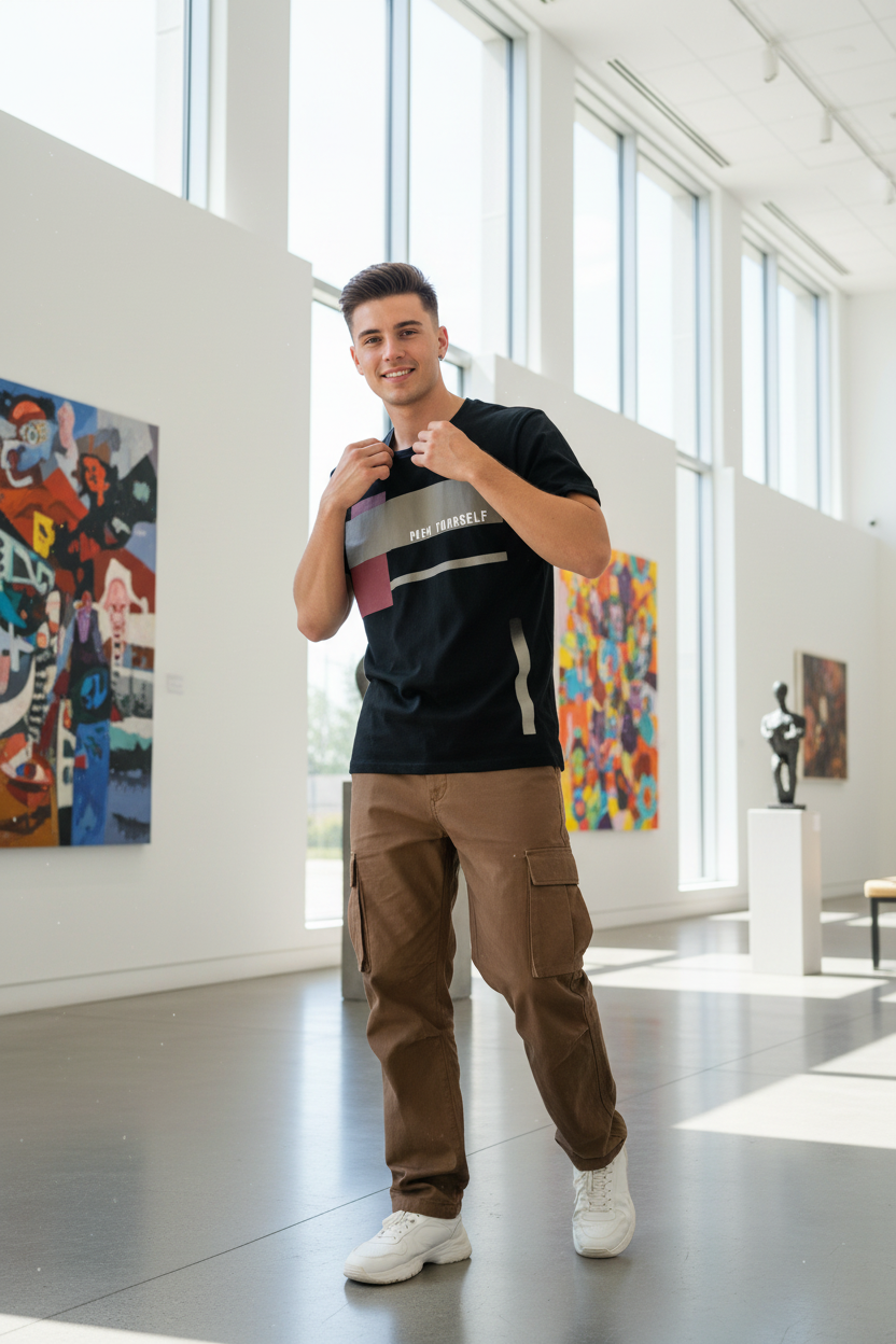 Men’s Black Printed Striped Round Neck T-Shirt – Cotton Blend, Regular Fit, Short Sleeves