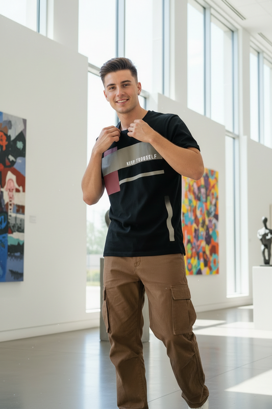 Men’s Black Printed Striped Round Neck T-Shirt – Cotton Blend, Regular Fit, Short Sleeves