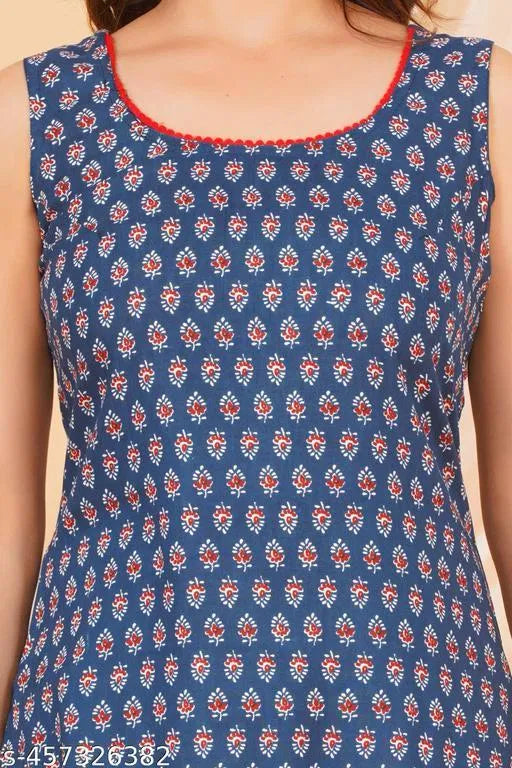 Women Blue Printed Cotton Sleeveless Kurti