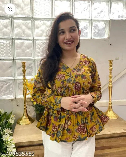 Women Floral Vibe Mustard Empire Cut Rayon Top