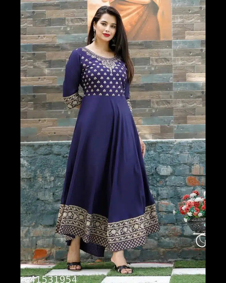 Women Printed Rayon Anarkali Blue Festive & Celebration Kurti