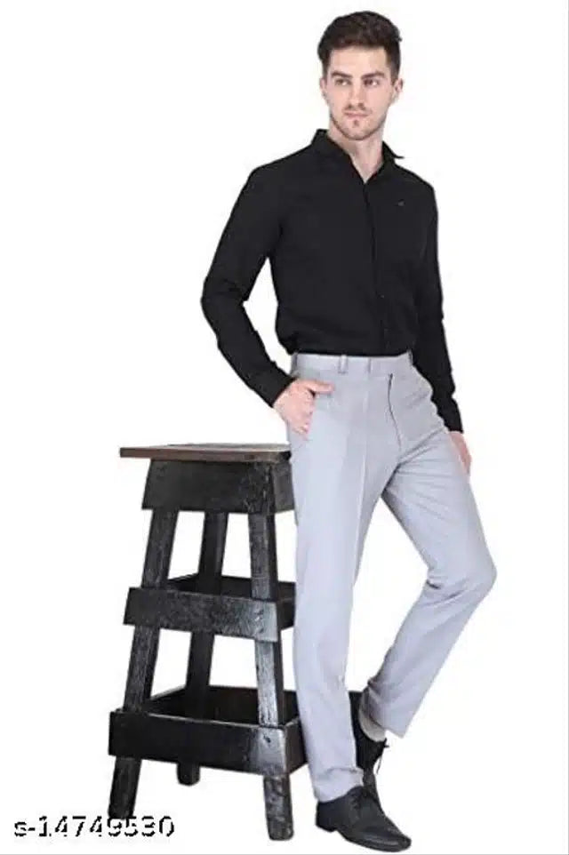 Men's Grey Cotton Blend Formal Trousers