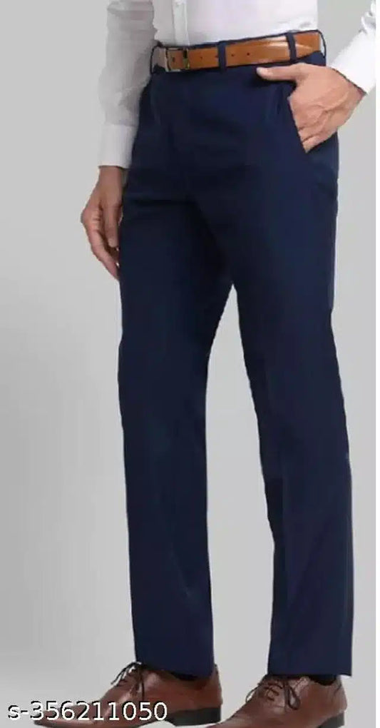 Men's Navy Blue Blended Cotton Formal Trousers