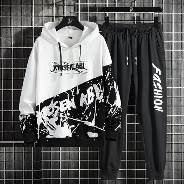 Men's Fleece Printed Black & White Track Suit