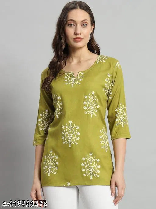 Women Green Printed Rayon Short Kurti