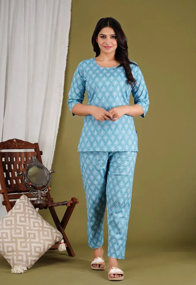 Women Floral Print Blended Cotton Nightwear Loungewear Co-ord Set