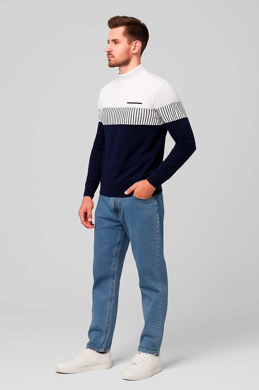 Men's Color Block T-Shirt - Black & White Striped Long Sleeve | Casual & Streetwear Essential