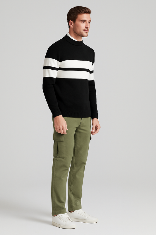 Men’s Black Cotton Blend Color Block T-Shirt with White Stripes – Full Sleeves Casual Wear & Streetwear Essential