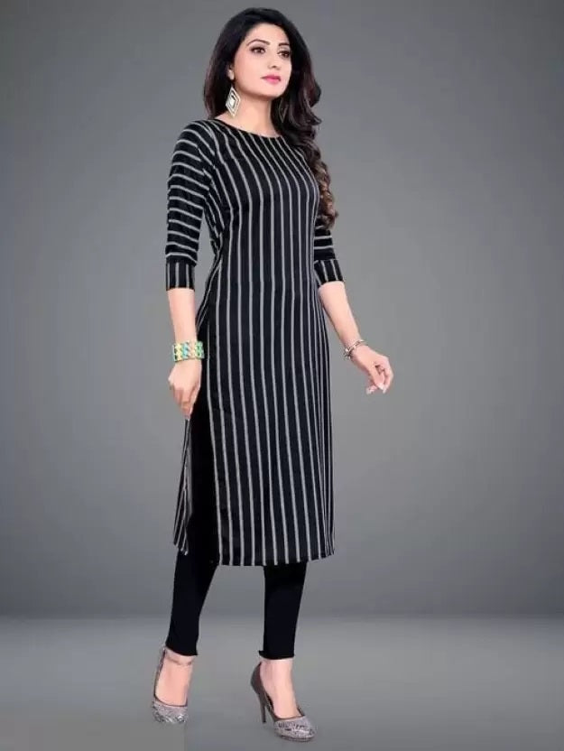 Women Crepe Black Striped Kurti