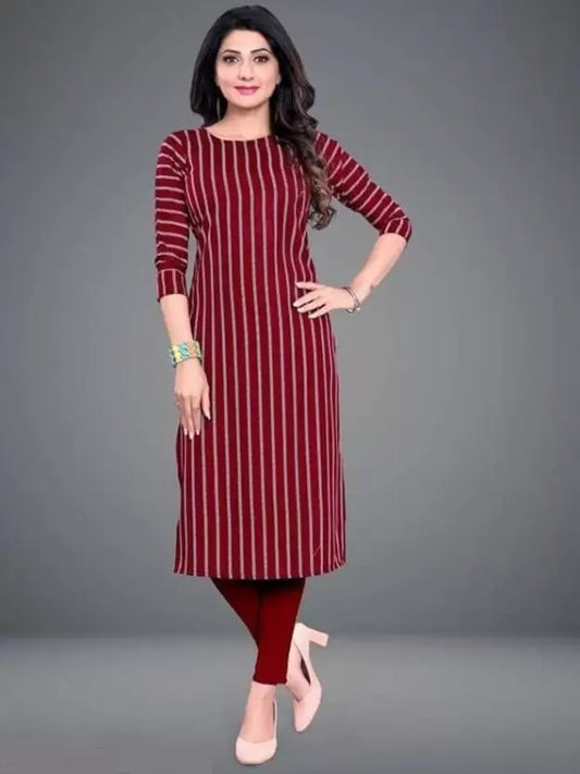 Women Crepe Red Striped Kurti