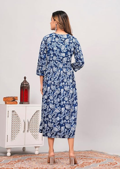 Women Anarkali Poly Crepe Printed Blue Kurti