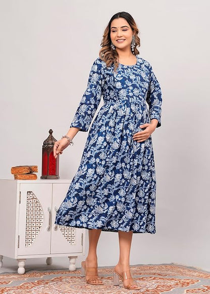 Women Anarkali Poly Crepe Printed Blue Kurti