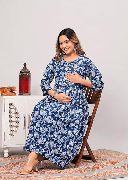 Women Anarkali Poly Crepe Printed Blue Kurti