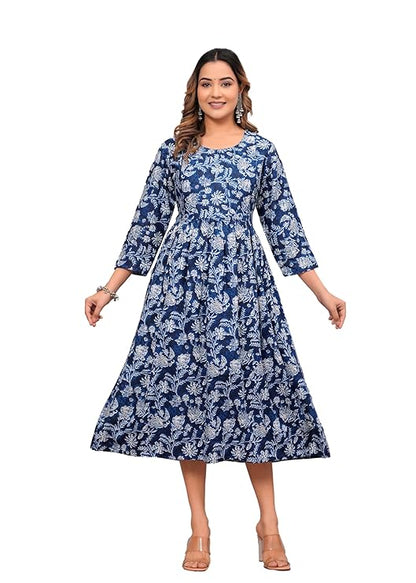 Women Anarkali Poly Crepe Printed Blue Kurti