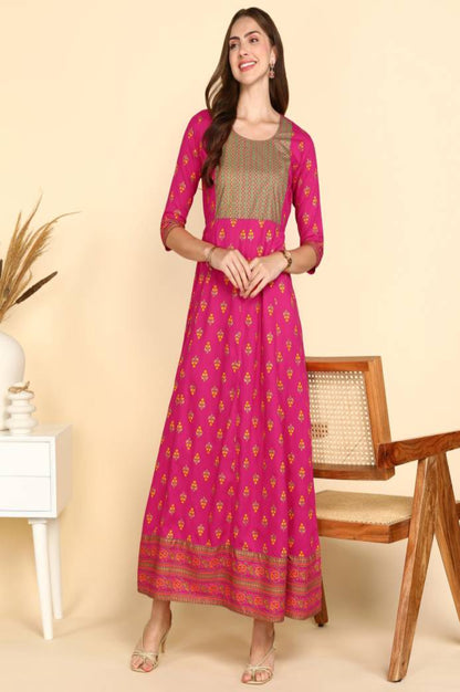 Women Janki Anarkali Printed Dark Pink Rayon Festive Jaipuri Kurti