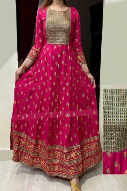 Women Janki Anarkali Printed Dark Pink Rayon Festive Jaipuri Kurti