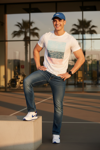 Men’s White Printed Colour Blocked Round Neck T-Shirt – Casual Wear, Soft Lightweight Fabric