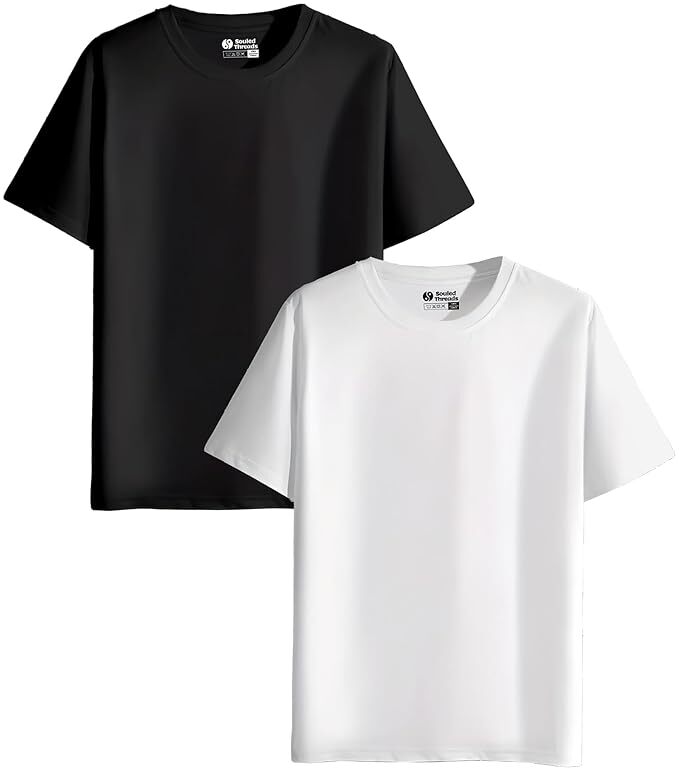 Men’s Black & White Round Neck T-Shirt Pack of 2 – Solid, Soft Lightweight Casual Wear