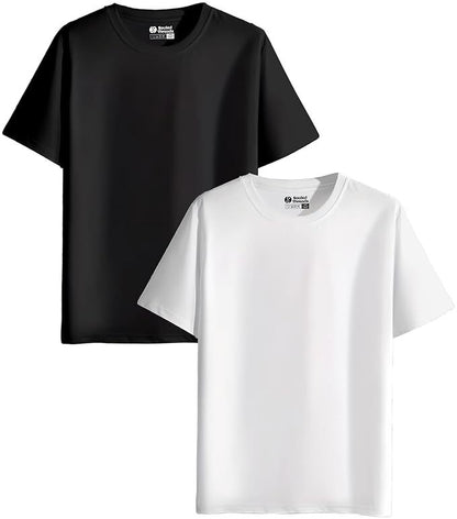 Men’s Black & White Round Neck T-Shirt Pack of 2 – Solid, Soft Lightweight Casual Wear