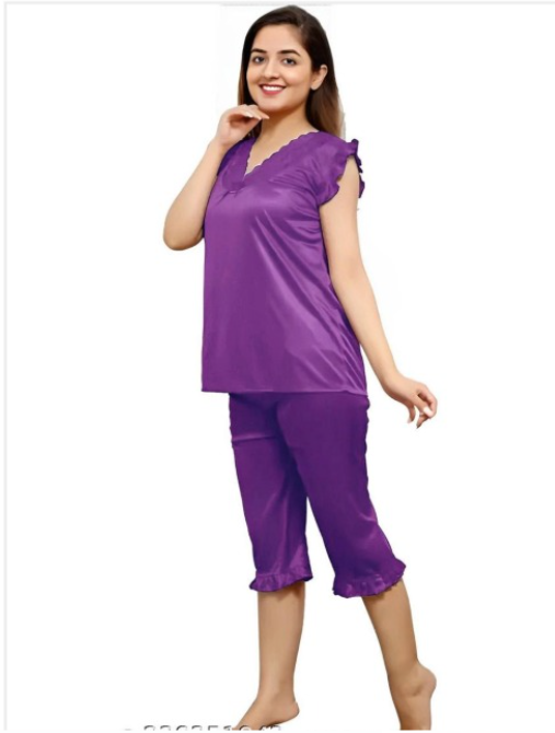 Women Satin Purple  Top & Capri Night Suit