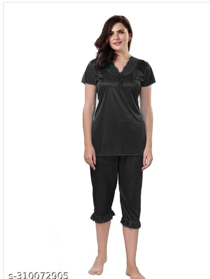 Women Satin Black Top & Capri Night Suit