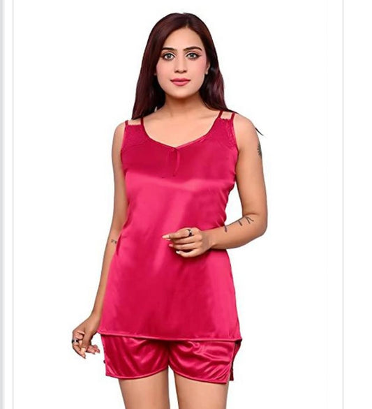 Women Satin Pink Sleeveless Top & Shorts Night Suit