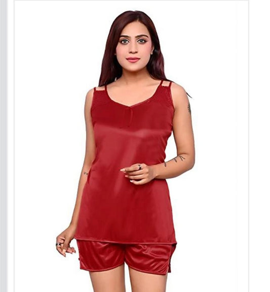 Women Satin Red Sleeveless Top & Shorts Night Suit