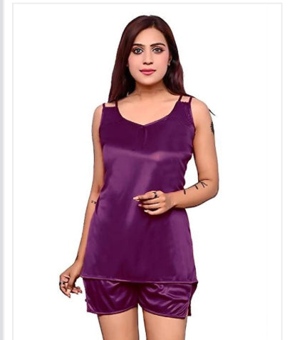 Women Satin Pink Sleeveless Top & Shorts Night Suit