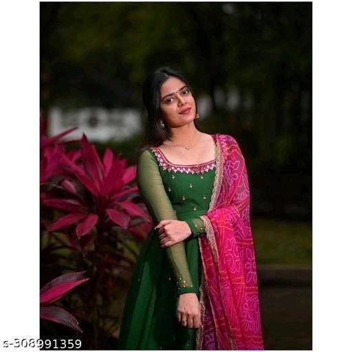 Women Georgette Gown Style Dark Green Long Kurti with Dupatta