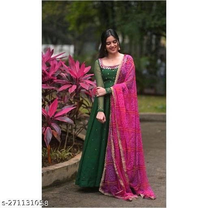 Women Georgette Gown Style Dark Green Long Kurti with Dupatta