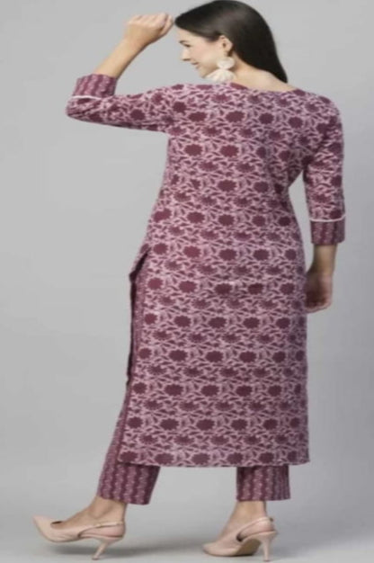 Women Cotton Maroon Floral Printed Kurti Pants Set