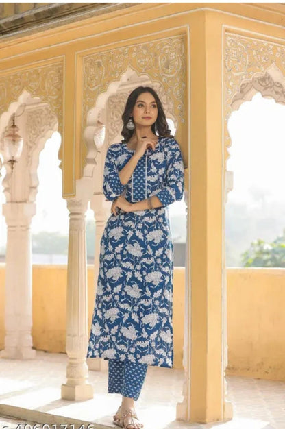 Women Cotton Blue Floral Print Kurti Pants Set