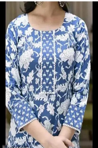 Women Cotton Blue Floral Print Kurti Pants Set