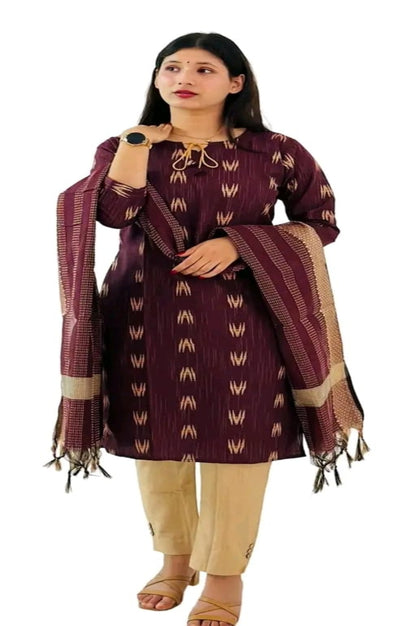 Women's Cotton Maroon Printed Kurti Pant Dupatta Set