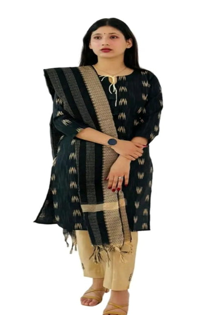 Women's Cotton Green Printed Kurti Pant Dupatta Set
