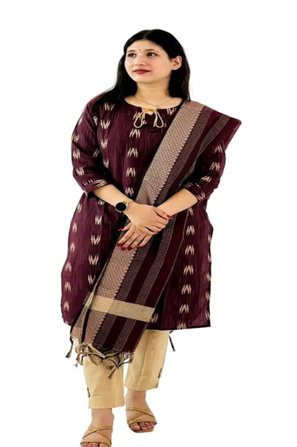 Women's Cotton Maroon Printed Kurti Pant Dupatta Set