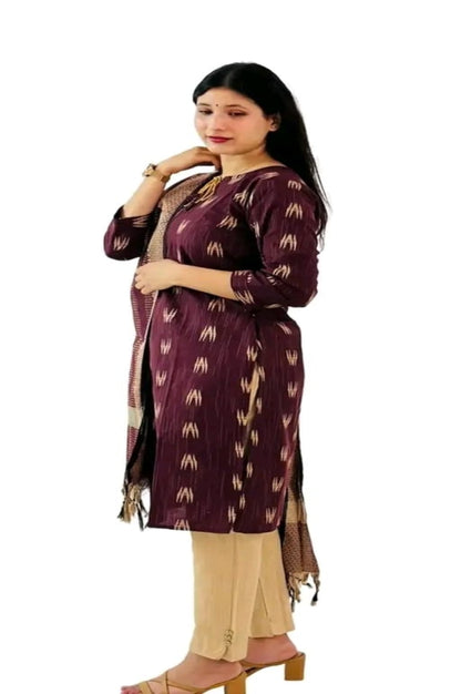 Women's Cotton Maroon Printed Kurti Pant Dupatta Set