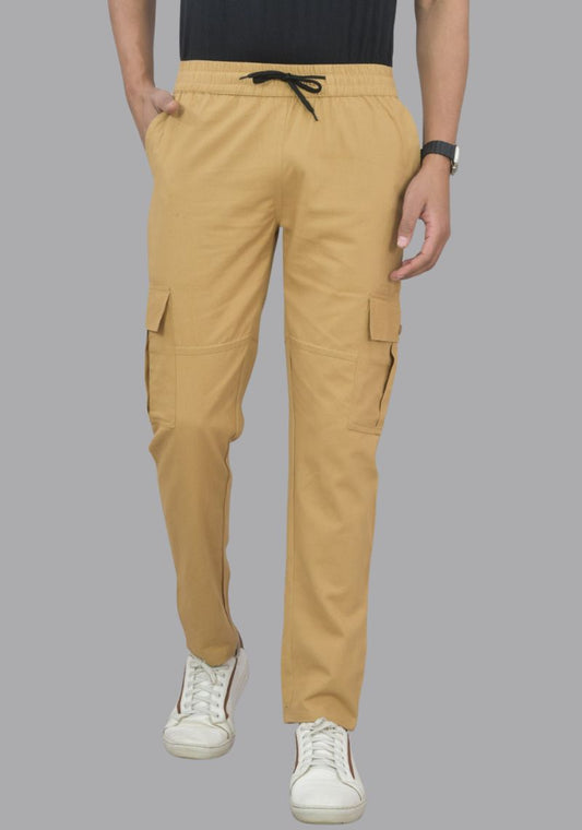 Men’s Beige Cargo Joggers – Cotton Satin Blend, Multi-Pocket, Comfortable Daily Wear