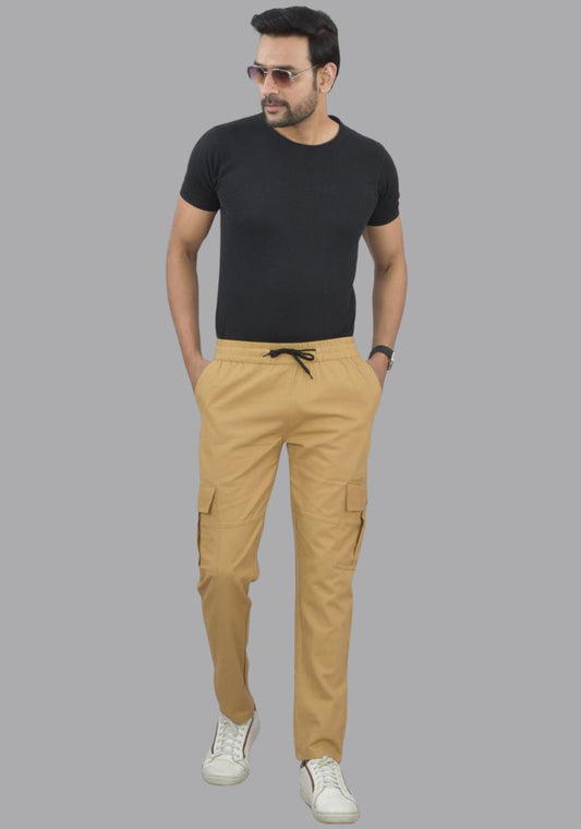 Men’s Beige Cargo Joggers – Cotton Satin Blend, Multi-Pocket, Comfortable Daily Wear