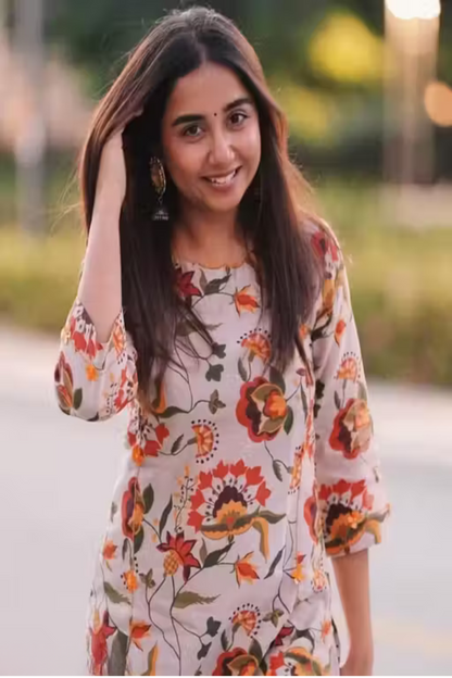 Women Blended Cotton Printed Multicolour Pant Kurti Set