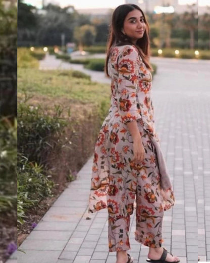 Women Blended Cotton Printed Multicolour Pant Kurti Set