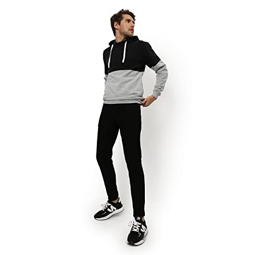 Men's Color Blocked Navy Blue Grey Melange Hooded Sweatshirt