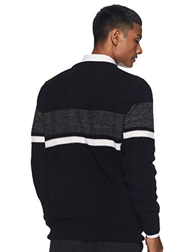 Men's Round Neck Acrylic Striped Black Sweater - Stylish Casual Winter Wear