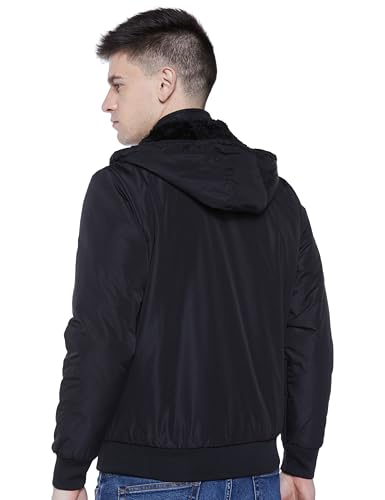 Men's Regular Fit Polyester Bomber Black Jacket with Inner Fur - Stylish Casual Hooded Winter Jacket