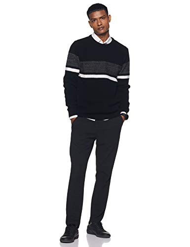 Men's Round Neck Acrylic Striped Black Sweater - Stylish Casual Winter Wear