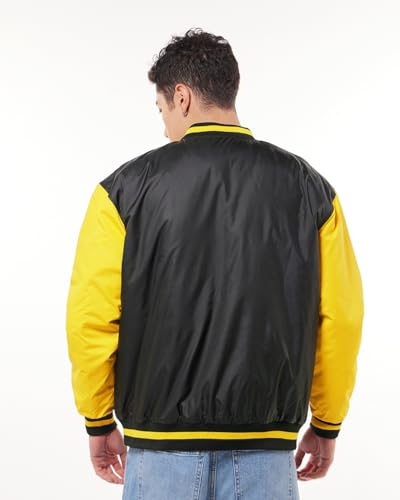 Men's Color Block Black Stand Collar Neck Long Sleeve Oversized Fit Varsity Jacket