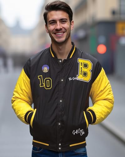 Men's Color Block Black Stand Collar Neck Long Sleeve Oversized Fit Varsity Jacket